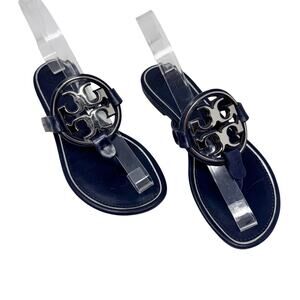 Tory Burch Miller Logo Thong Sandals Navy Blue Leather Size 7.5